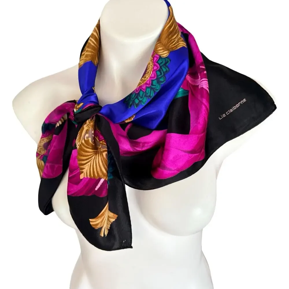 Vintage Liz Claiborne 1990s Silk Jewel Tone Tassel Medallion Scarf 31 x 31